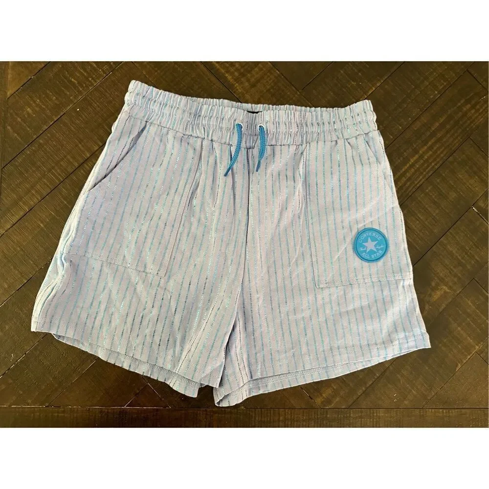 Converse Shine Striped Blue High Rise Pull On 2 Pocket Shorts Size XL New